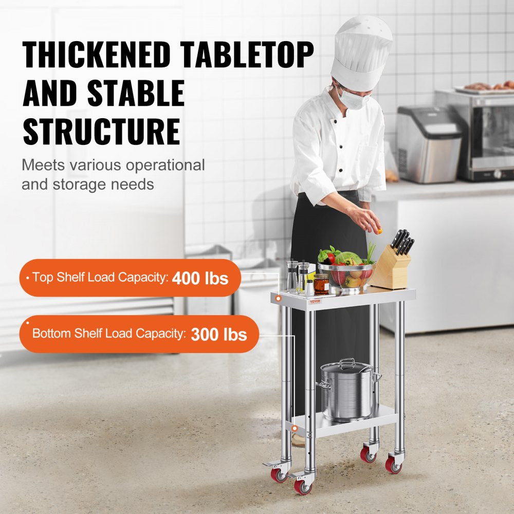 VEVOR 12x24x32 Inch Stainless Steel Catering Work Table, Commercial Work Table with 4 Wheels Commercial Food Prep Workbench with Flexible Adjustment Shelf for Kitchen Prep Table 