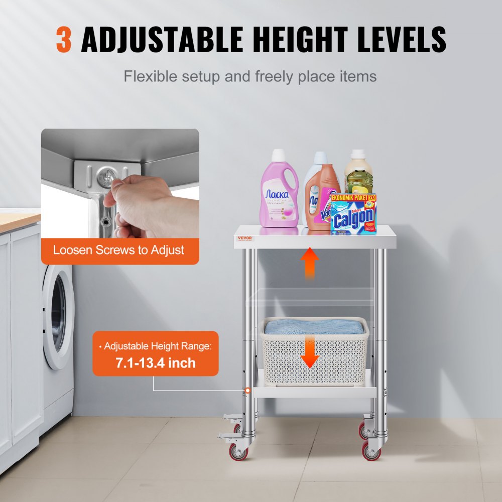 VEVOR 12x24x32 Inch Stainless Steel Catering Work Table, Commercial Work Table with 4 Wheels Commercial Food Prep Workbench with Flexible Adjustment Shelf for Kitchen Prep Table 