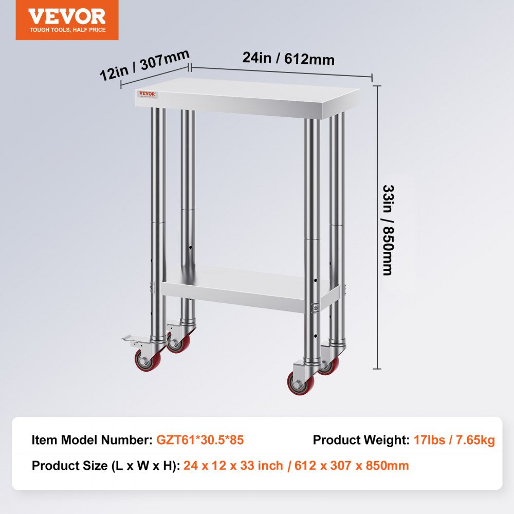 VEVOR 12x24x32 Inch Stainless Steel Catering Work Table, Commercial Work Table with 4 Wheels Commercial Food Prep Workbench with Flexible Adjustment Shelf for Kitchen Prep Table 
