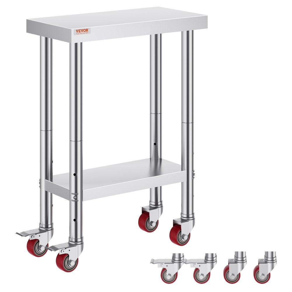 VEVOR 12x24x32 Inch Stainless Steel Catering Work Table, Commercial Work Table with 4 Wheels Commercial Food Prep Workbench with Flexible Adjustment Shelf for Kitchen Prep Table 