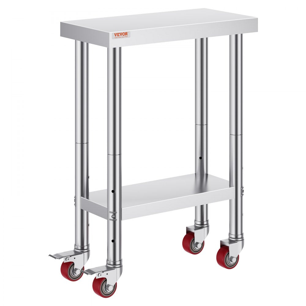 VEVOR 12x24x32 Inch Stainless Steel Catering Work Table, Commercial Work Table with 4 Wheels Commercial Food Prep Workbench with Flexible Adjustment Shelf for Kitchen Prep Table 