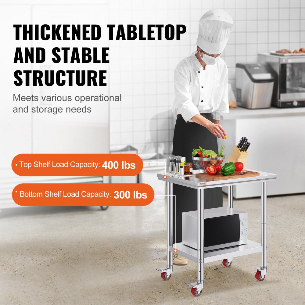 VEVOR Stainless Steel Work Table with Wheels 24 x 30 Prep Table with casters Heavy Duty Work Table for Commercial Kitchen Restaurant Business 