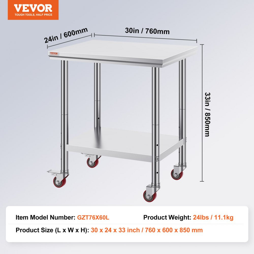 VEVOR Stainless Steel Work Table with Wheels 24 x 30 Prep Table with casters Heavy Duty Work Table for Commercial Kitchen Restaurant Business 