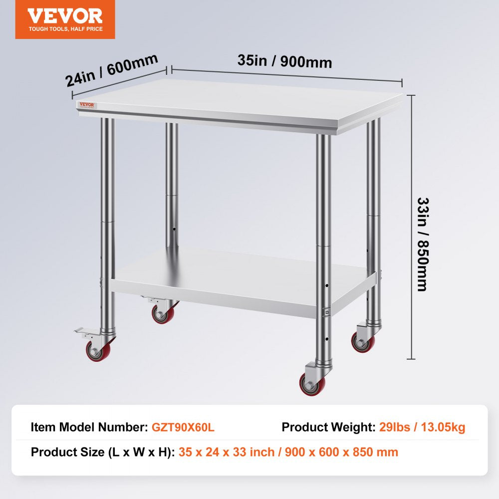 VEVOR 36x24x31.5 inch NSF Stainless Steel Work Table with Wheels Prep Table with casters Heavy Duty Work Table for Commercial Kitchen Restaurant Business Garage 350 lb Capacity 