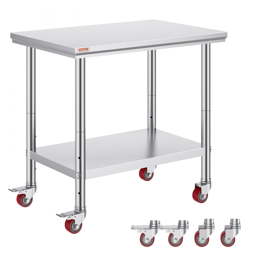 VEVOR 36x24x31.5 inch NSF Stainless Steel Work Table with Wheels Prep Table with casters Heavy Duty Work Table for Commercial Kitchen Restaurant Business Garage 350 lb Capacity 