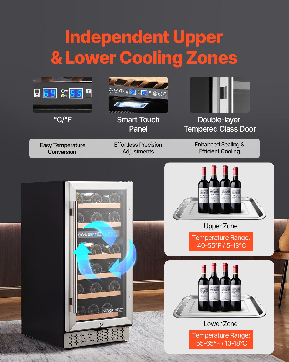 VEVOR Wine Cooler 28 Bottle Dual Zone Mini Wine Fridge Glass Door Temp Control 