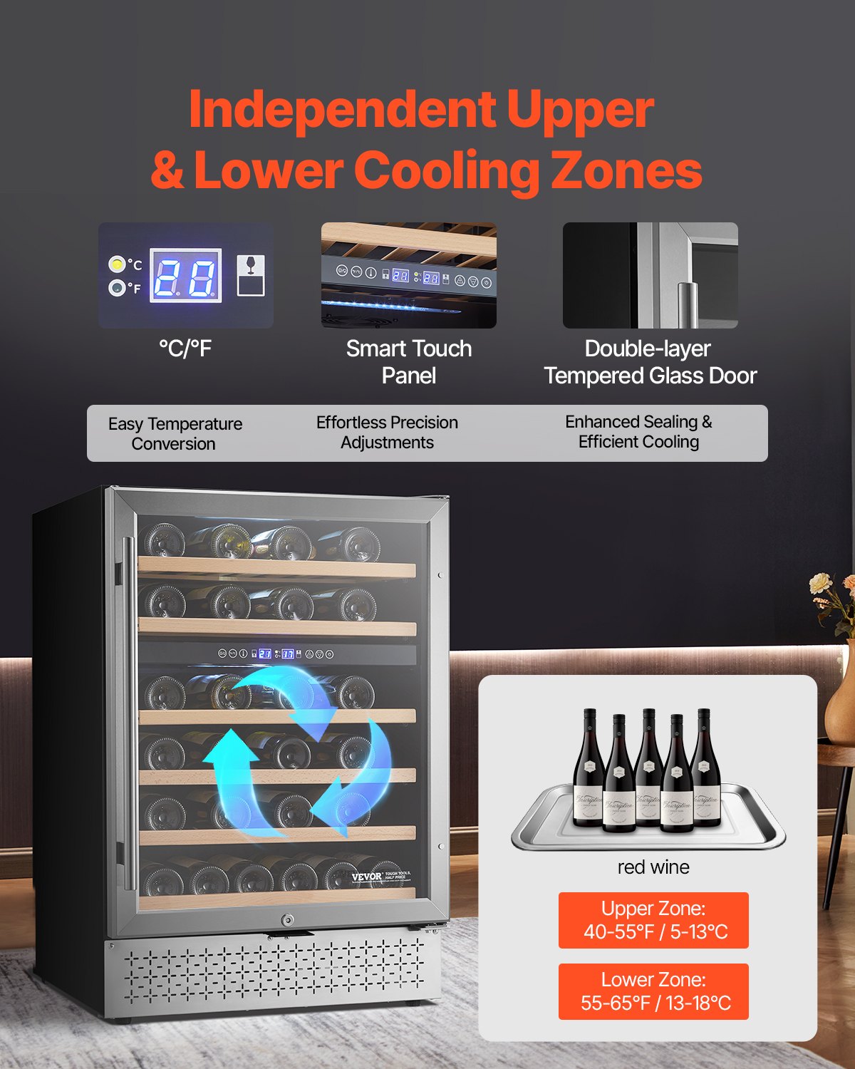VEVOR Wine Cooler 46 Bottle Dual Zone Wine Refrigerator Glass Door Temp Control 