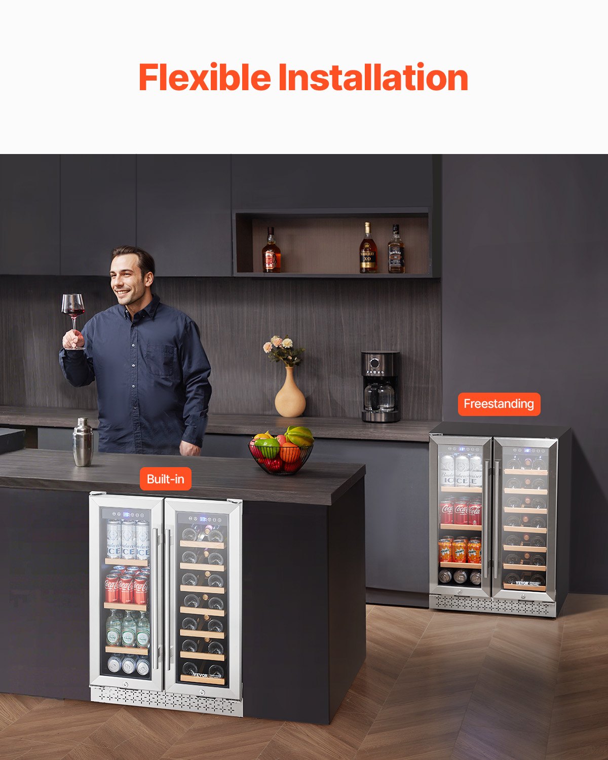 VEVOR Wine and Beverage Refrigerator 24 in Dual Zone Wine Cooler Glass Doors 