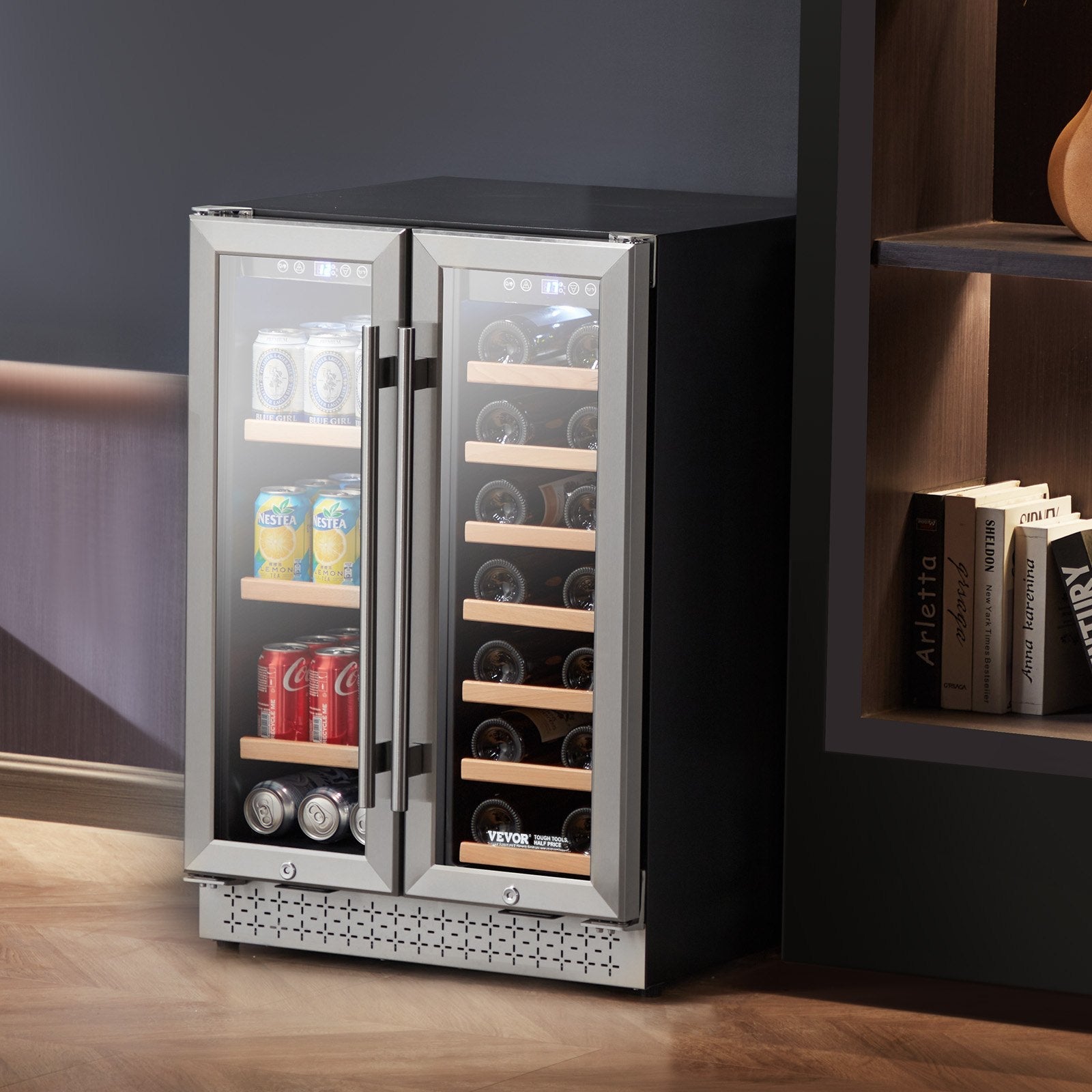 VEVOR Wine and Beverage Refrigerator 24 in Dual Zone Wine Cooler Glass Doors 