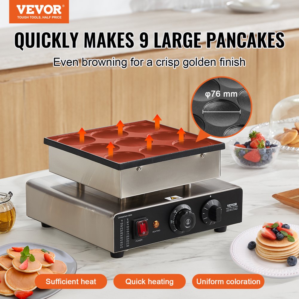VEVOR 9PCS 76mm Dutch Pancake Maker Commercial Dorayaki Baker 850W Non-stick 