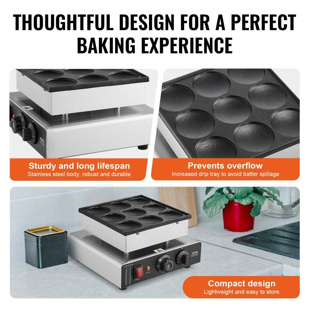 VEVOR 9PCS 76mm Dutch Pancake Maker Commercial Dorayaki Baker 850W Non-stick 