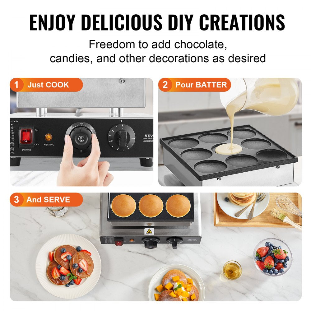 VEVOR 9PCS 76mm Dutch Pancake Maker Commercial Dorayaki Baker 850W Non-stick 