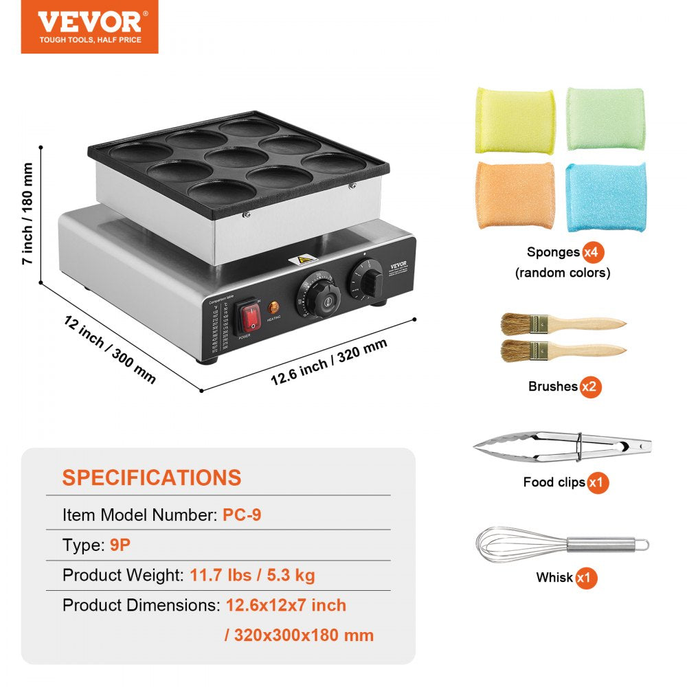 VEVOR 9PCS 76mm Dutch Pancake Maker Commercial Dorayaki Baker 850W Non-stick 