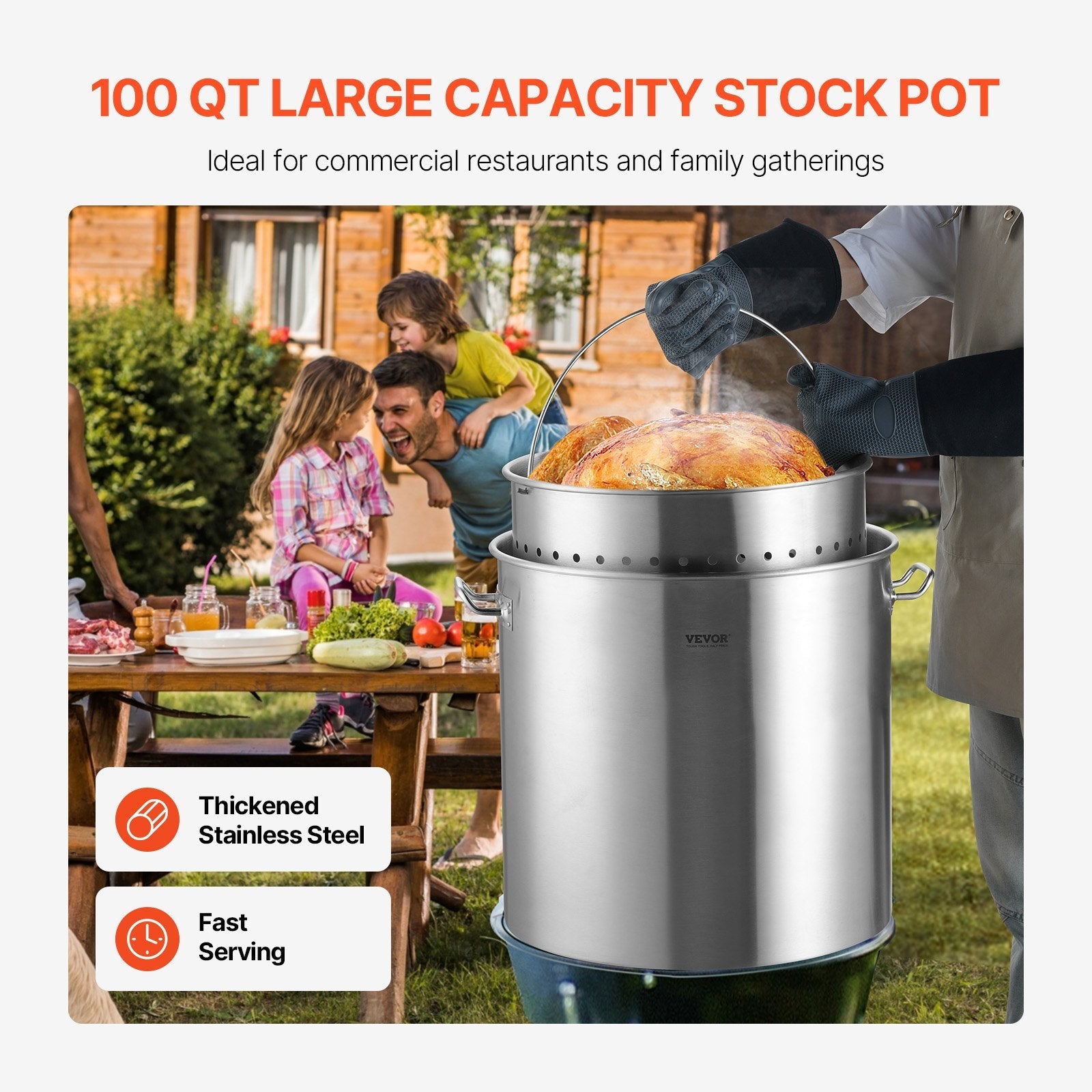 VEVOR 100QT Stainless Steel Stockpot Cooking Kitchen Sauce Pot with Basket Lid 