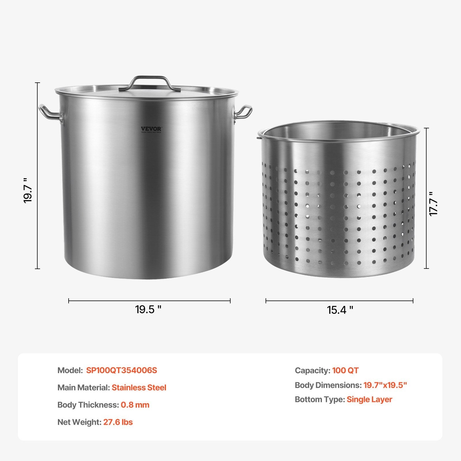 VEVOR 100QT Stainless Steel Stockpot Cooking Kitchen Sauce Pot with Basket Lid 
