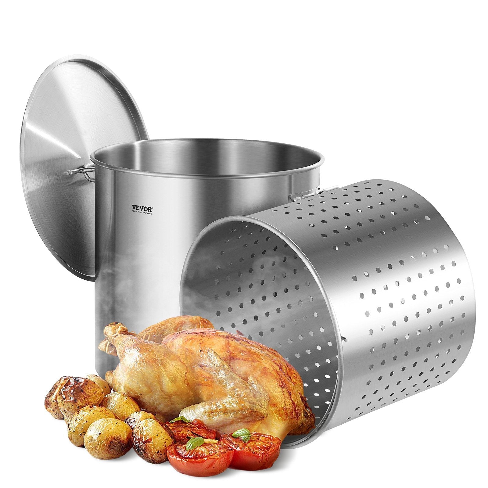 VEVOR 100QT Stainless Steel Stockpot Cooking Kitchen Sauce Pot with Basket Lid 