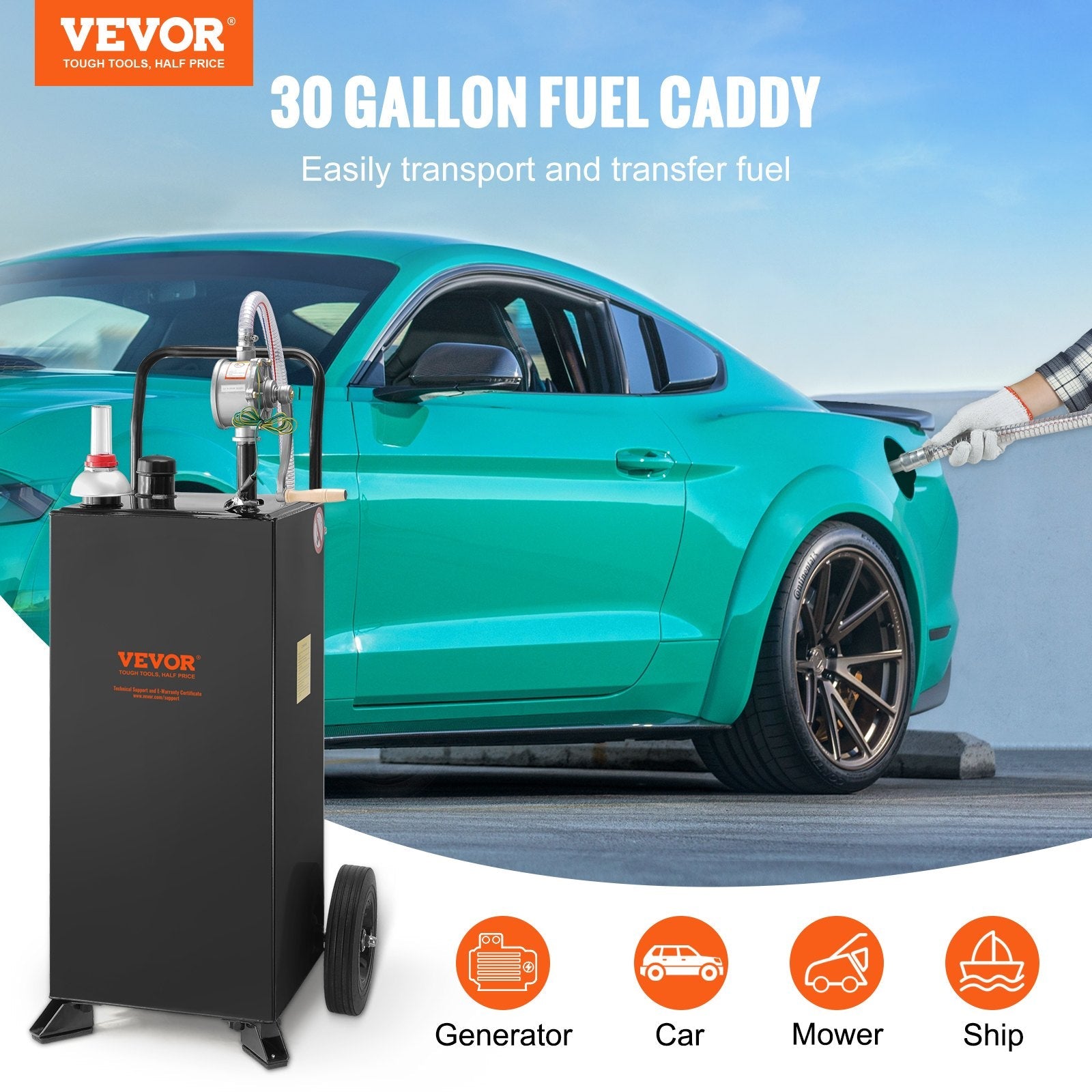VEVOR Fuel Caddy, 30 Gallon, Gas Storage Tank & 2 Wheels, with Manuel Transfer Pump, Gasoline Diesel Fuel Container for Cars, Lawn Mowers, ATVs, Boats, More, Black 