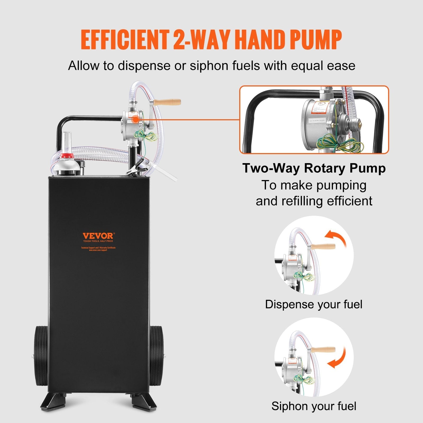 VEVOR Fuel Caddy, 30 Gallon, Gas Storage Tank & 2 Wheels, with Manuel Transfer Pump, Gasoline Diesel Fuel Container for Cars, Lawn Mowers, ATVs, Boats, More, Black 