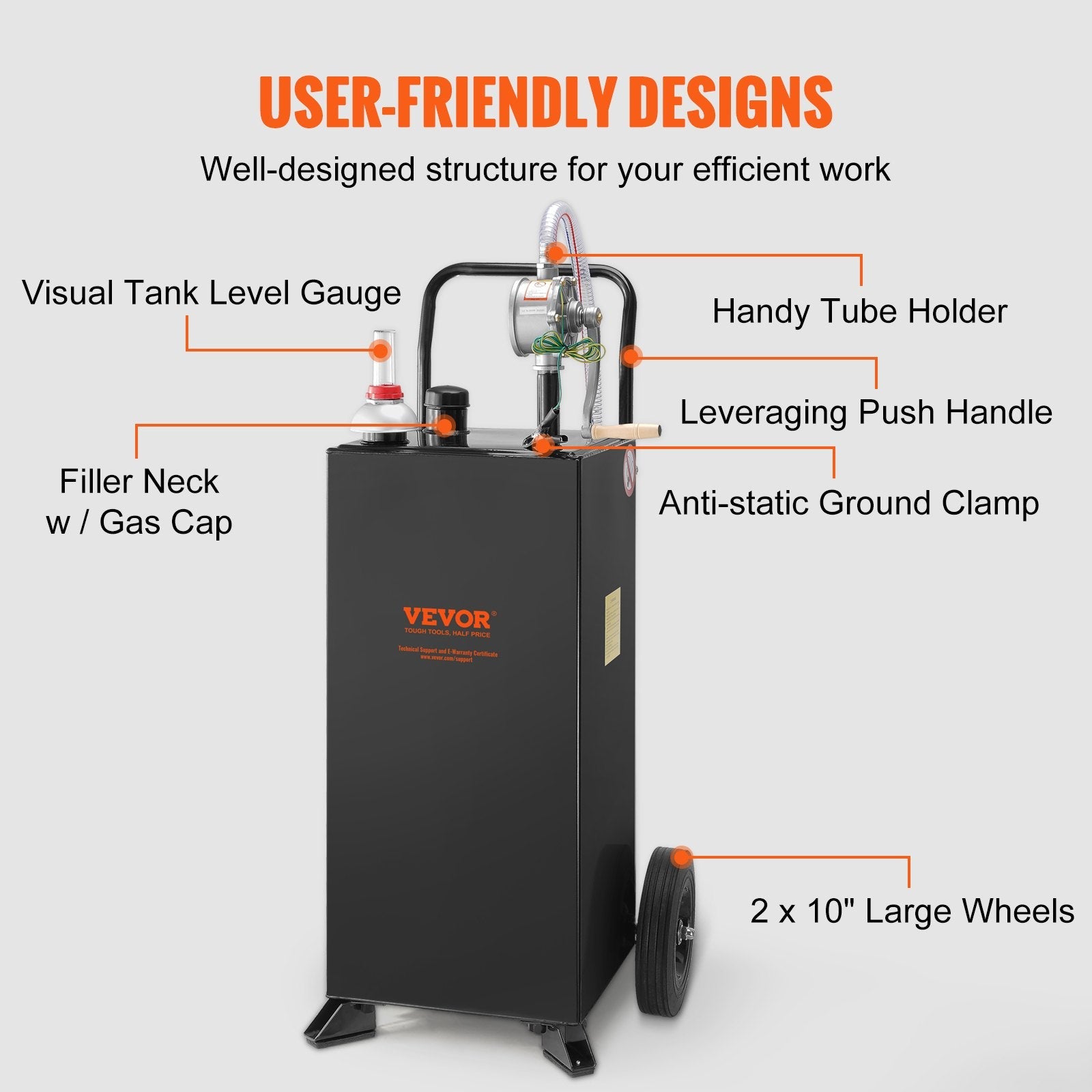 VEVOR Fuel Caddy, 30 Gallon, Gas Storage Tank & 2 Wheels, with Manuel Transfer Pump, Gasoline Diesel Fuel Container for Cars, Lawn Mowers, ATVs, Boats, More, Black 