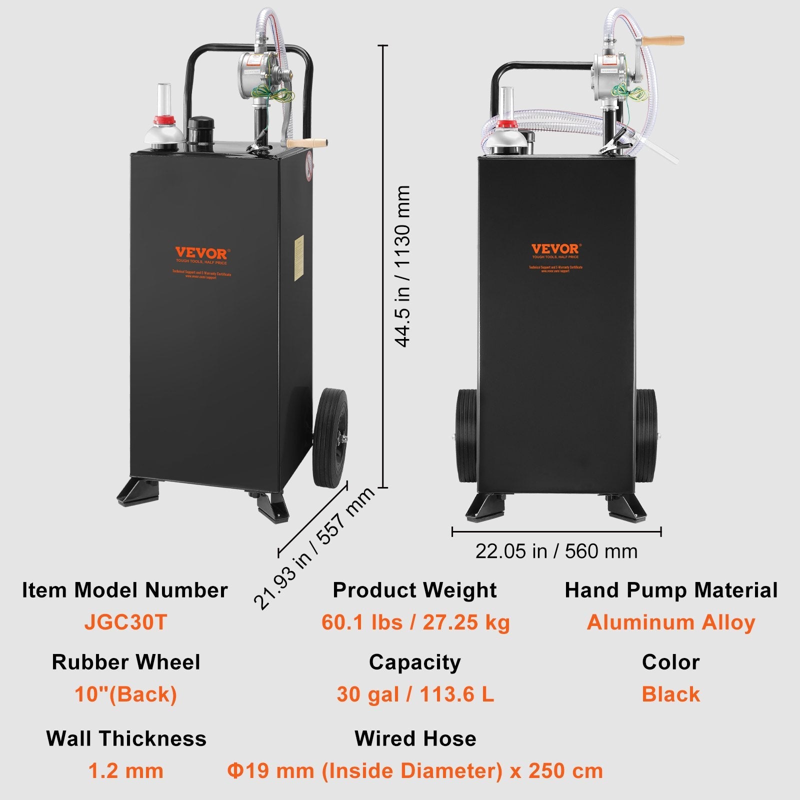 VEVOR Fuel Caddy, 30 Gallon, Gas Storage Tank & 2 Wheels, with Manuel Transfer Pump, Gasoline Diesel Fuel Container for Cars, Lawn Mowers, ATVs, Boats, More, Black 
