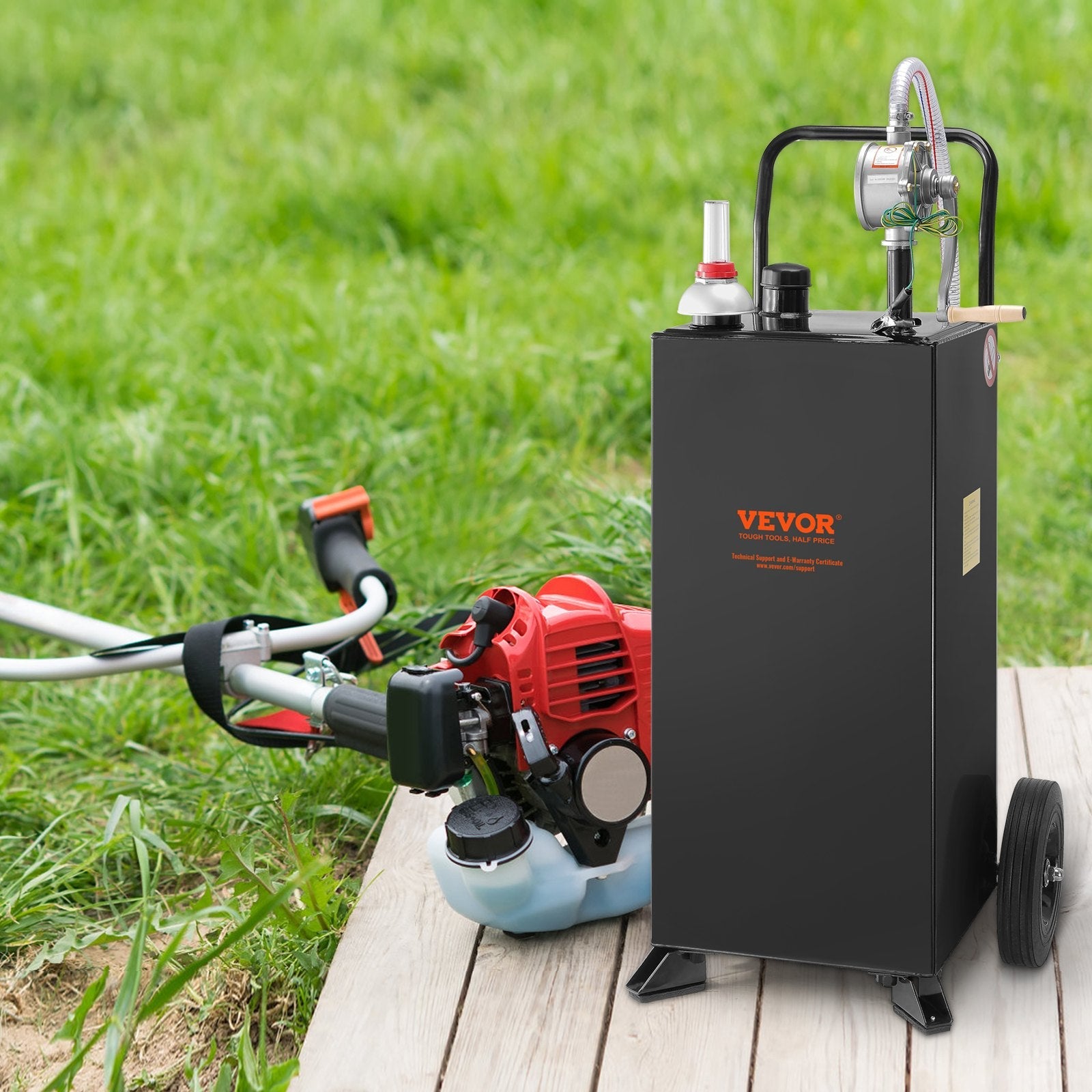 VEVOR Fuel Caddy, 30 Gallon, Gas Storage Tank & 2 Wheels, with Manuel Transfer Pump, Gasoline Diesel Fuel Container for Cars, Lawn Mowers, ATVs, Boats, More, Black 