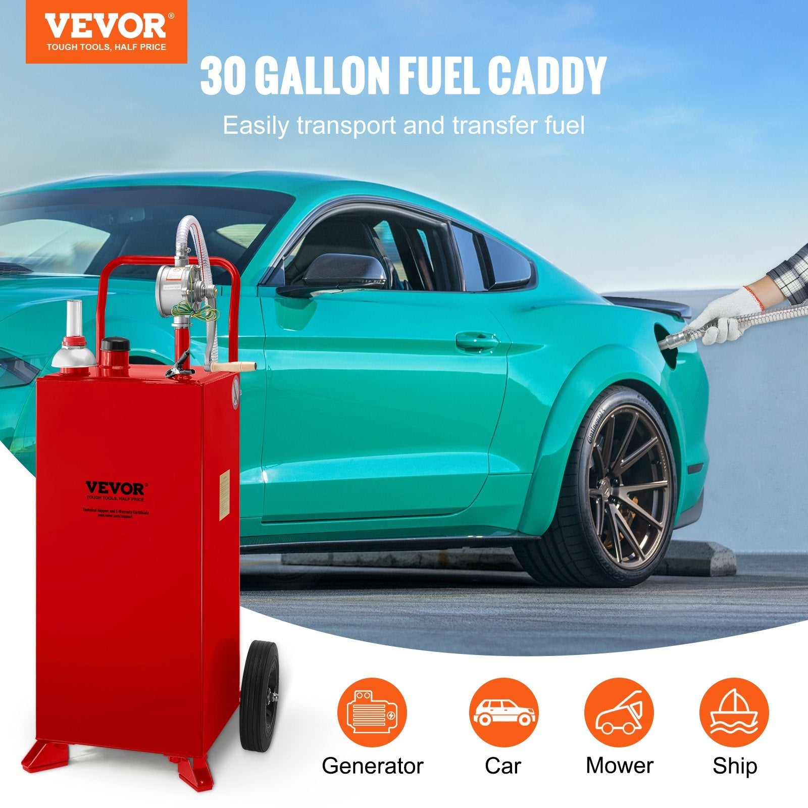 VEVOR 30 Gallon Fuel Caddy, Gas Storage Tank & 2 Wheels, with Manuel Transfer Pump, Gasoline Diesel Fuel Container for Cars, Lawn Mowers, ATVs, Boats, More, Red 