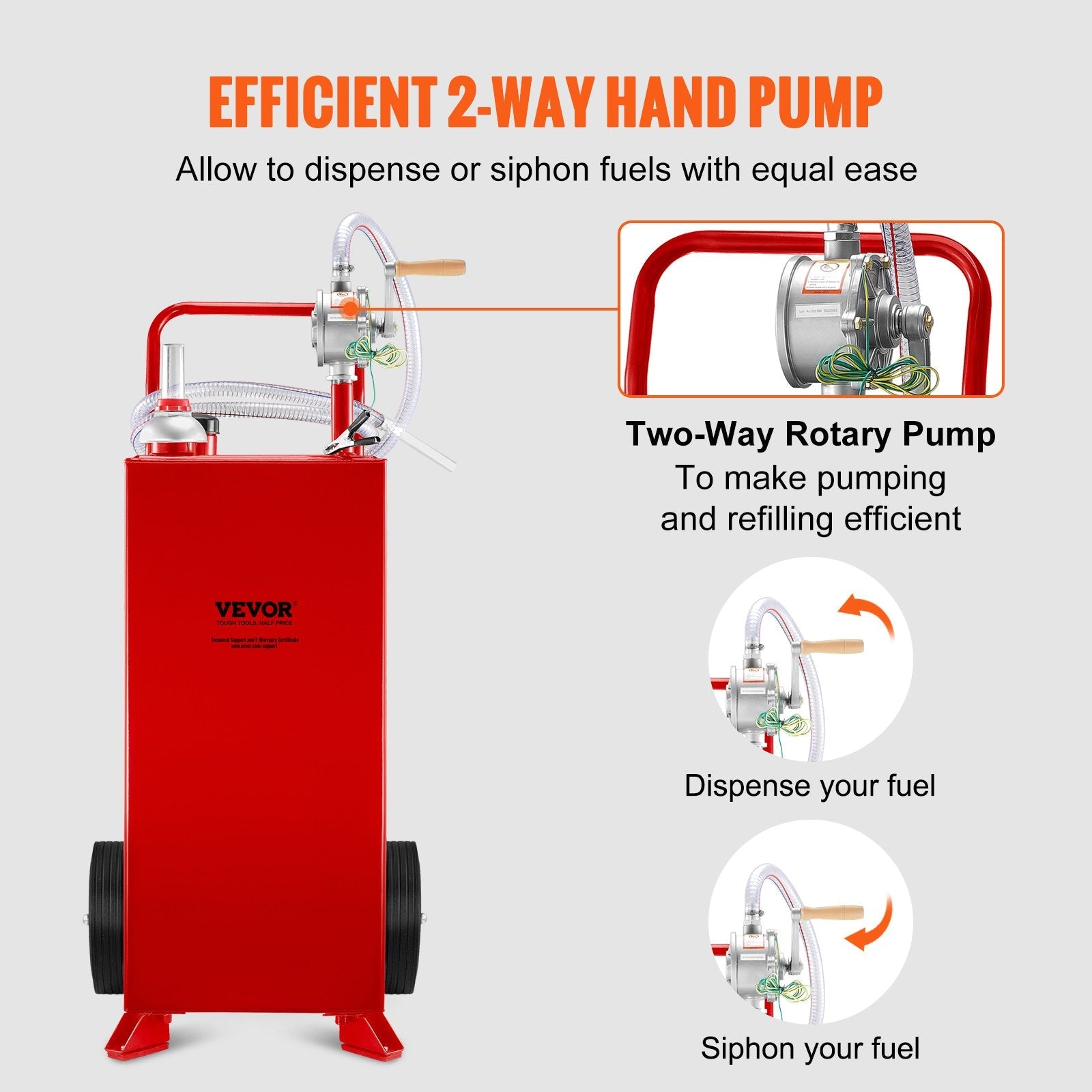 VEVOR 30 Gallon Fuel Caddy, Gas Storage Tank & 2 Wheels, with Manuel Transfer Pump, Gasoline Diesel Fuel Container for Cars, Lawn Mowers, ATVs, Boats, More, Red 
