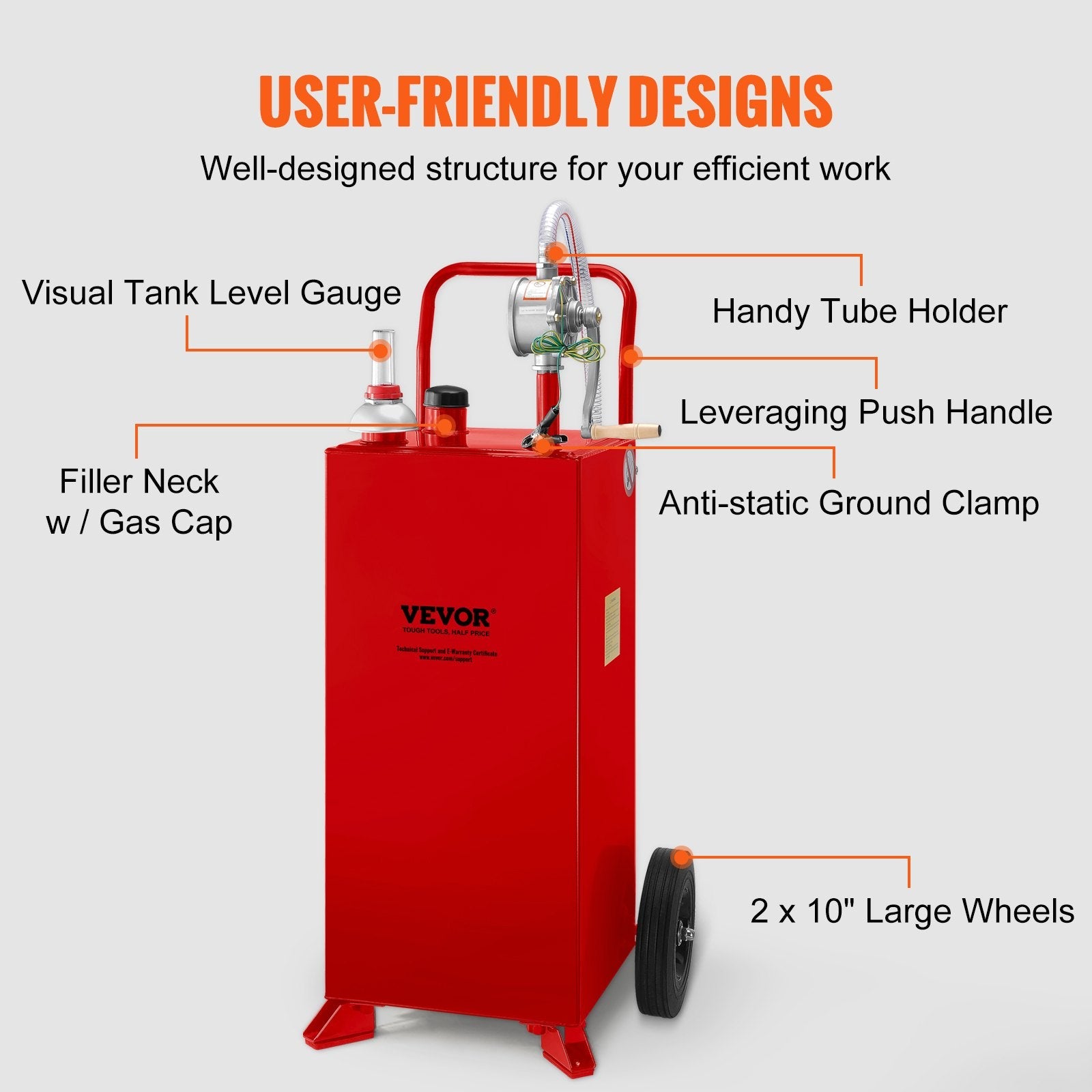 VEVOR 30 Gallon Fuel Caddy, Gas Storage Tank & 2 Wheels, with Manuel Transfer Pump, Gasoline Diesel Fuel Container for Cars, Lawn Mowers, ATVs, Boats, More, Red 
