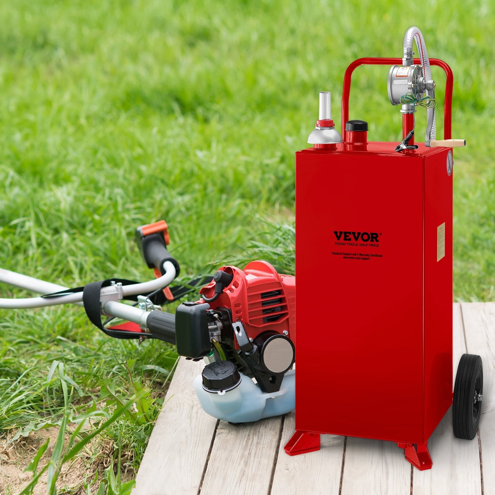 VEVOR 30 Gallon Fuel Caddy, Gas Storage Tank & 2 Wheels, with Manuel Transfer Pump, Gasoline Diesel Fuel Container for Cars, Lawn Mowers, ATVs, Boats, More, Red 