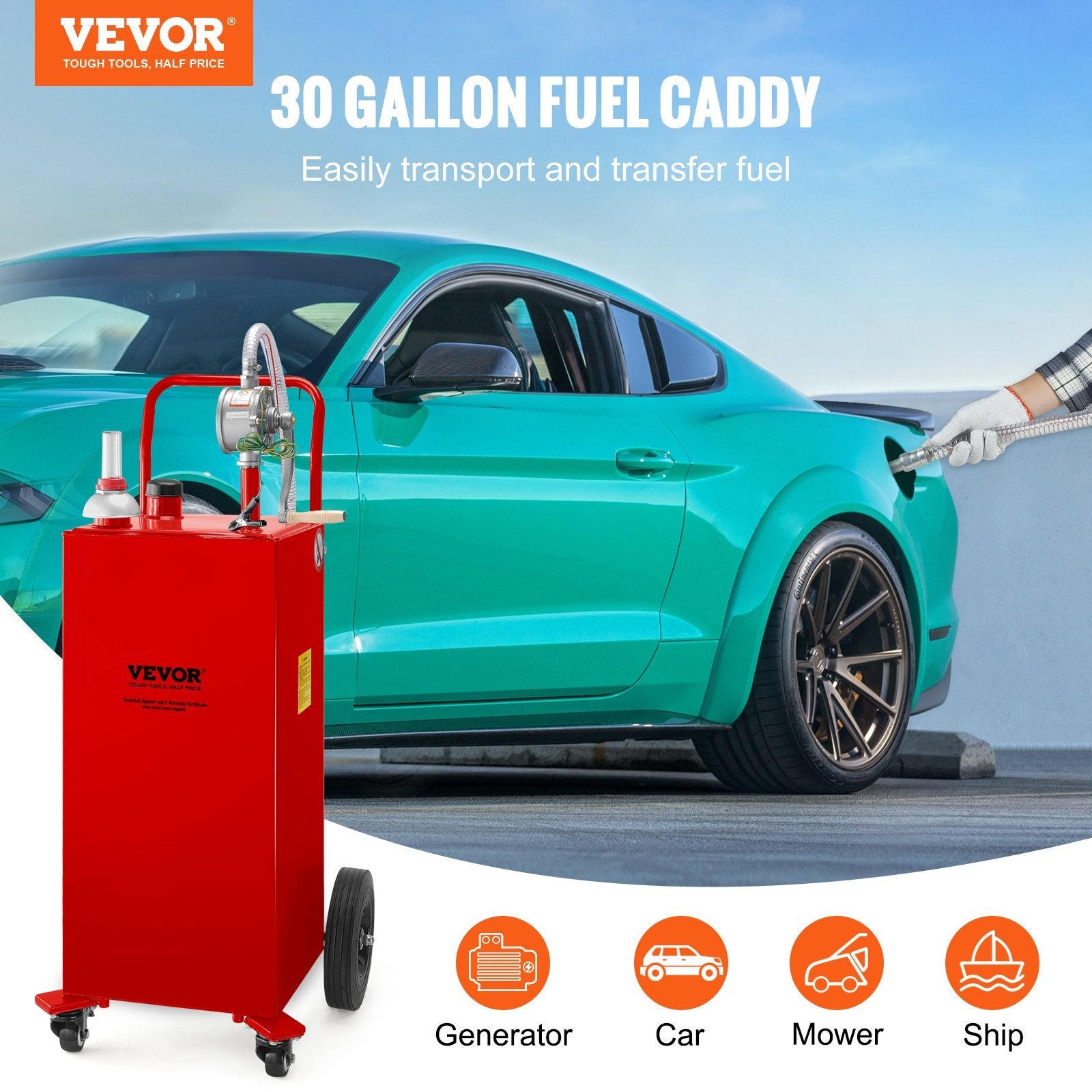 VEVOR Fuel Caddy, 30 Gallon, Gas Storage Tank & 4 Wheels, with Manuel Transfer Pump, Gasoline Diesel Fuel Container for Cars, Lawn Mowers, ATVs, Boats, More, Red 