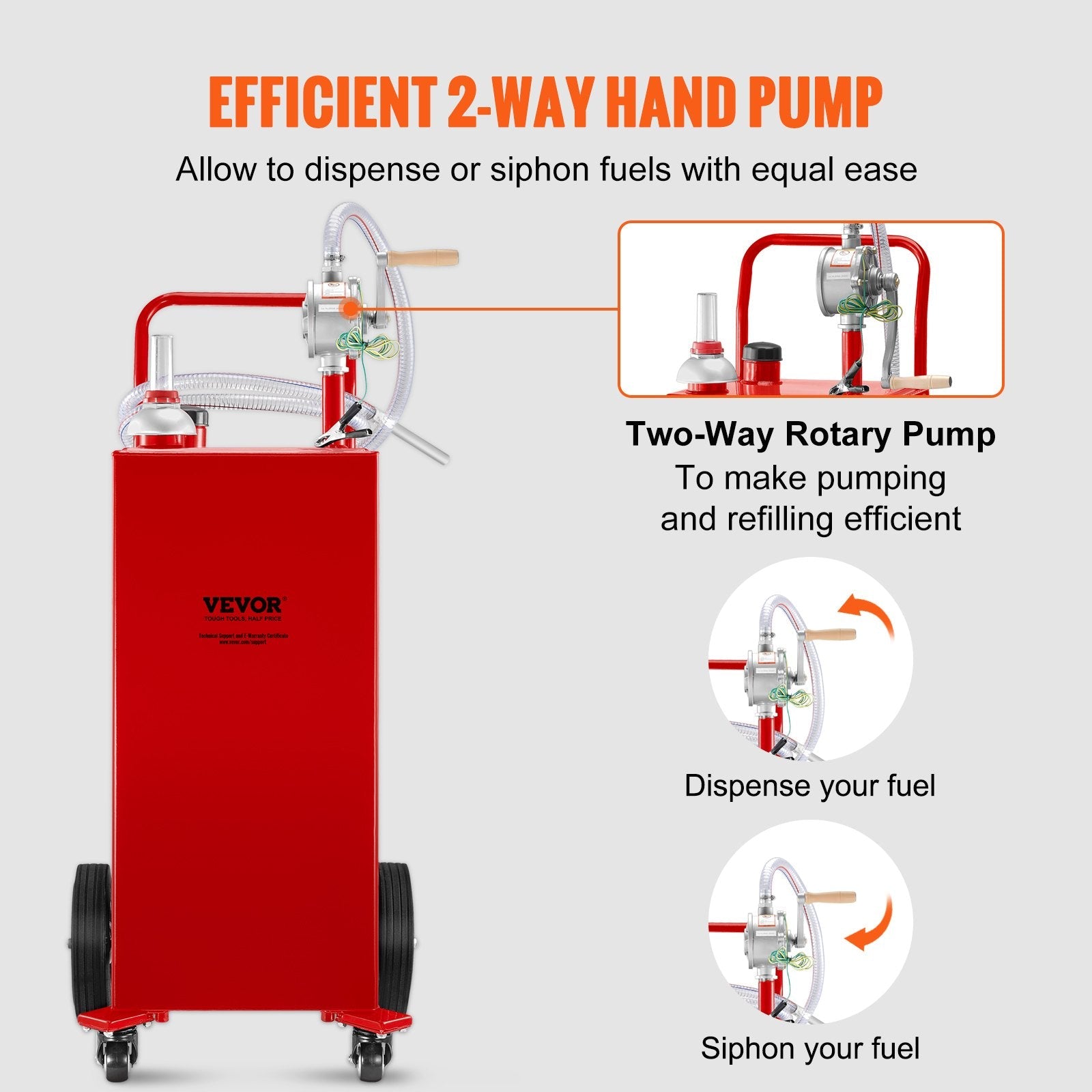 VEVOR Fuel Caddy, 30 Gallon, Gas Storage Tank & 4 Wheels, with Manuel Transfer Pump, Gasoline Diesel Fuel Container for Cars, Lawn Mowers, ATVs, Boats, More, Red 
