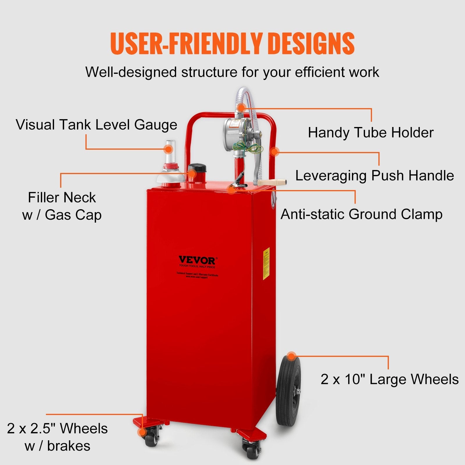 VEVOR Fuel Caddy, 30 Gallon, Gas Storage Tank & 4 Wheels, with Manuel Transfer Pump, Gasoline Diesel Fuel Container for Cars, Lawn Mowers, ATVs, Boats, More, Red 