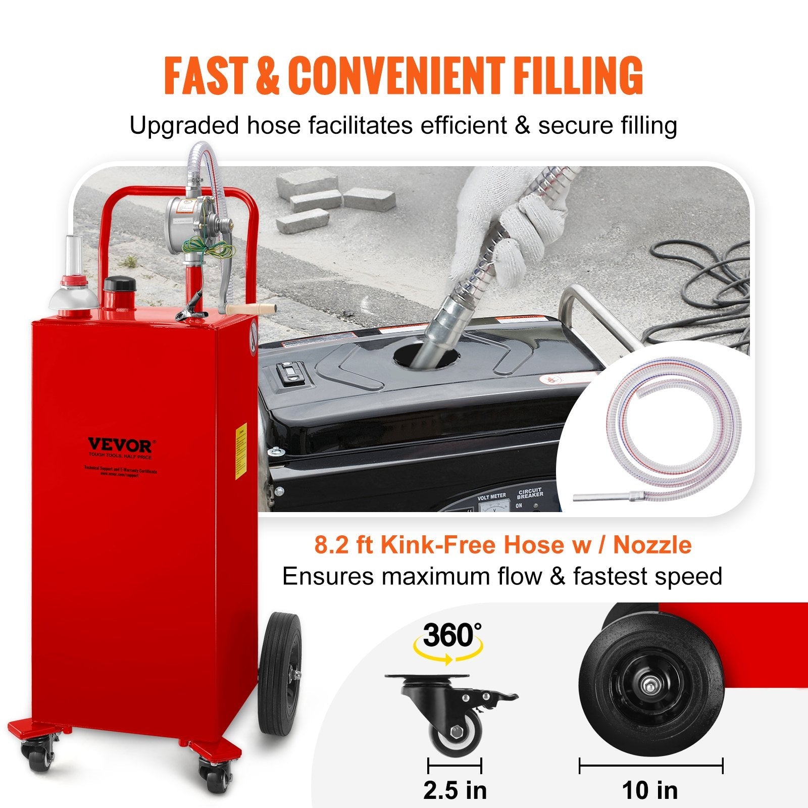 VEVOR Fuel Caddy, 30 Gallon, Gas Storage Tank & 4 Wheels, with Manuel Transfer Pump, Gasoline Diesel Fuel Container for Cars, Lawn Mowers, ATVs, Boats, More, Red 