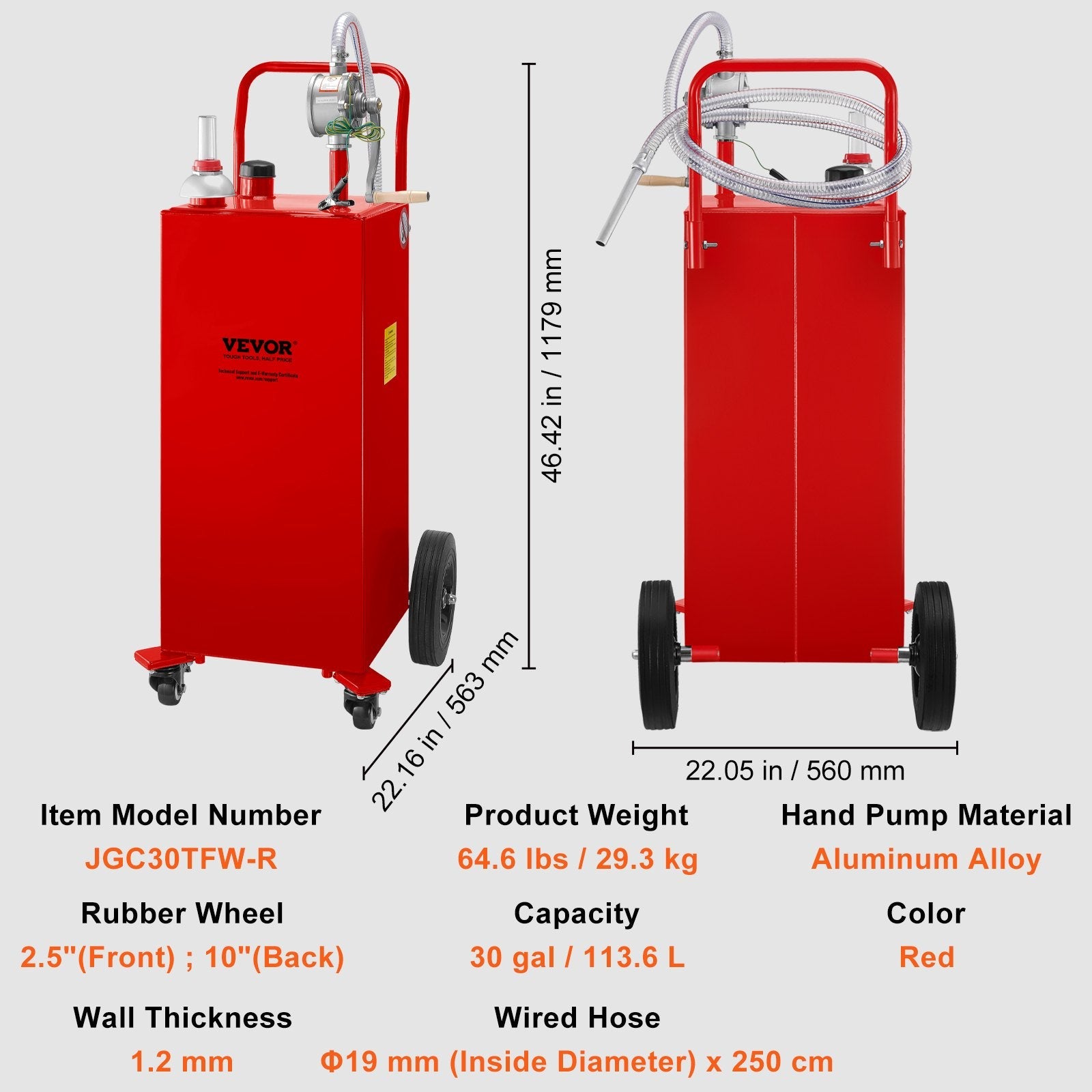 VEVOR Fuel Caddy, 30 Gallon, Gas Storage Tank & 4 Wheels, with Manuel Transfer Pump, Gasoline Diesel Fuel Container for Cars, Lawn Mowers, ATVs, Boats, More, Red 