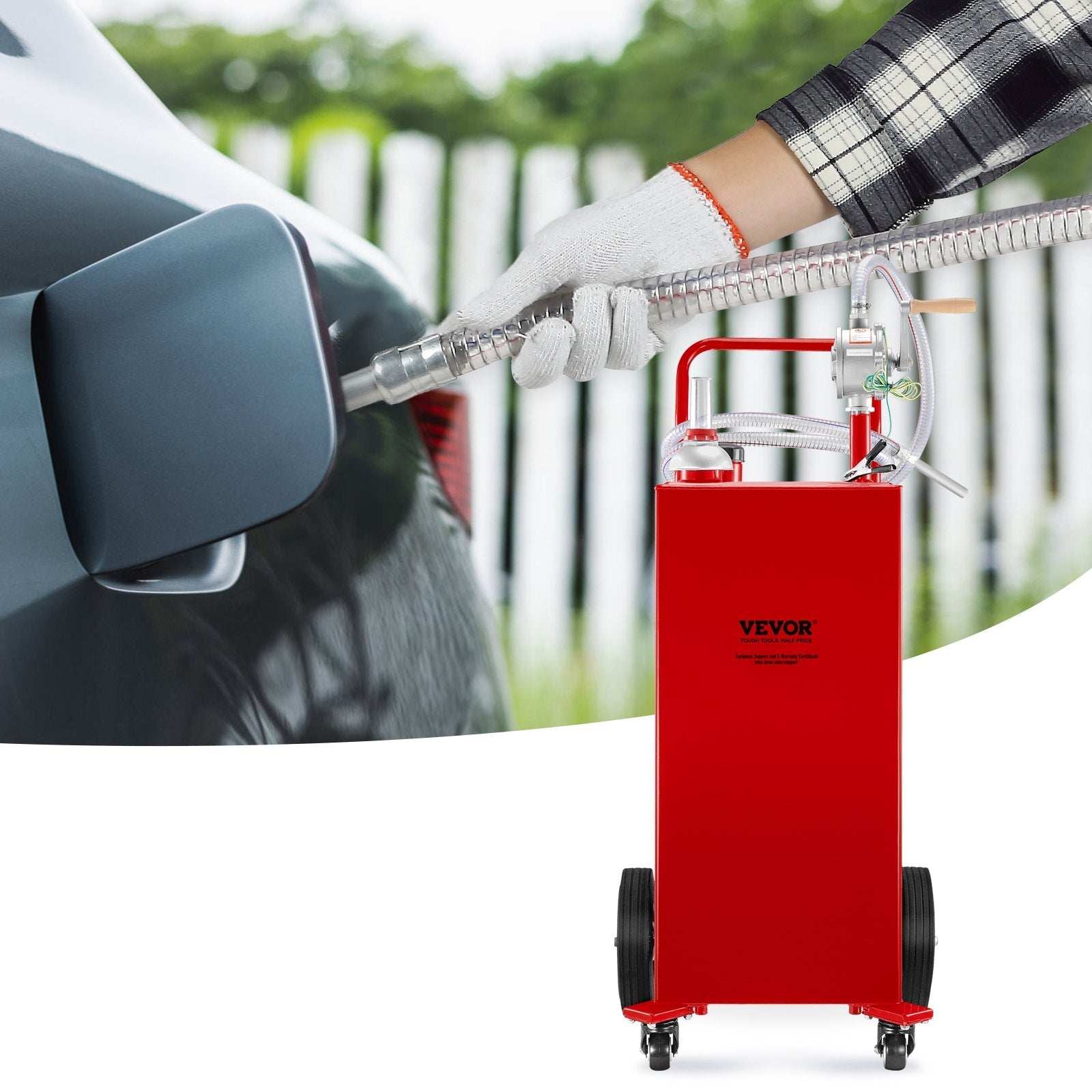 VEVOR Fuel Caddy, 30 Gallon, Gas Storage Tank & 4 Wheels, with Manuel Transfer Pump, Gasoline Diesel Fuel Container for Cars, Lawn Mowers, ATVs, Boats, More, Red 