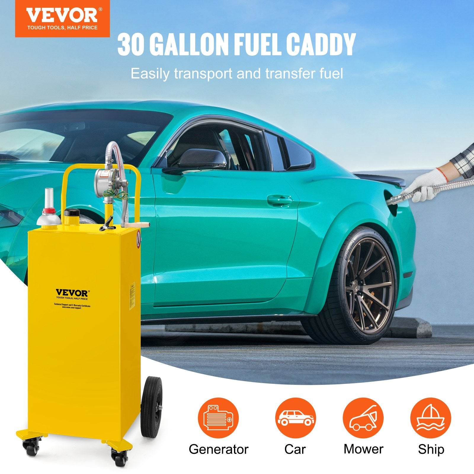 VEVOR 30 Gallon Fuel Caddy, Gas Storage Tank & 4 Wheels, with Manuel Transfer Pump, Gasoline Diesel Fuel Container for Cars, Lawn Mowers, ATVs, Boats, More, Yellow 