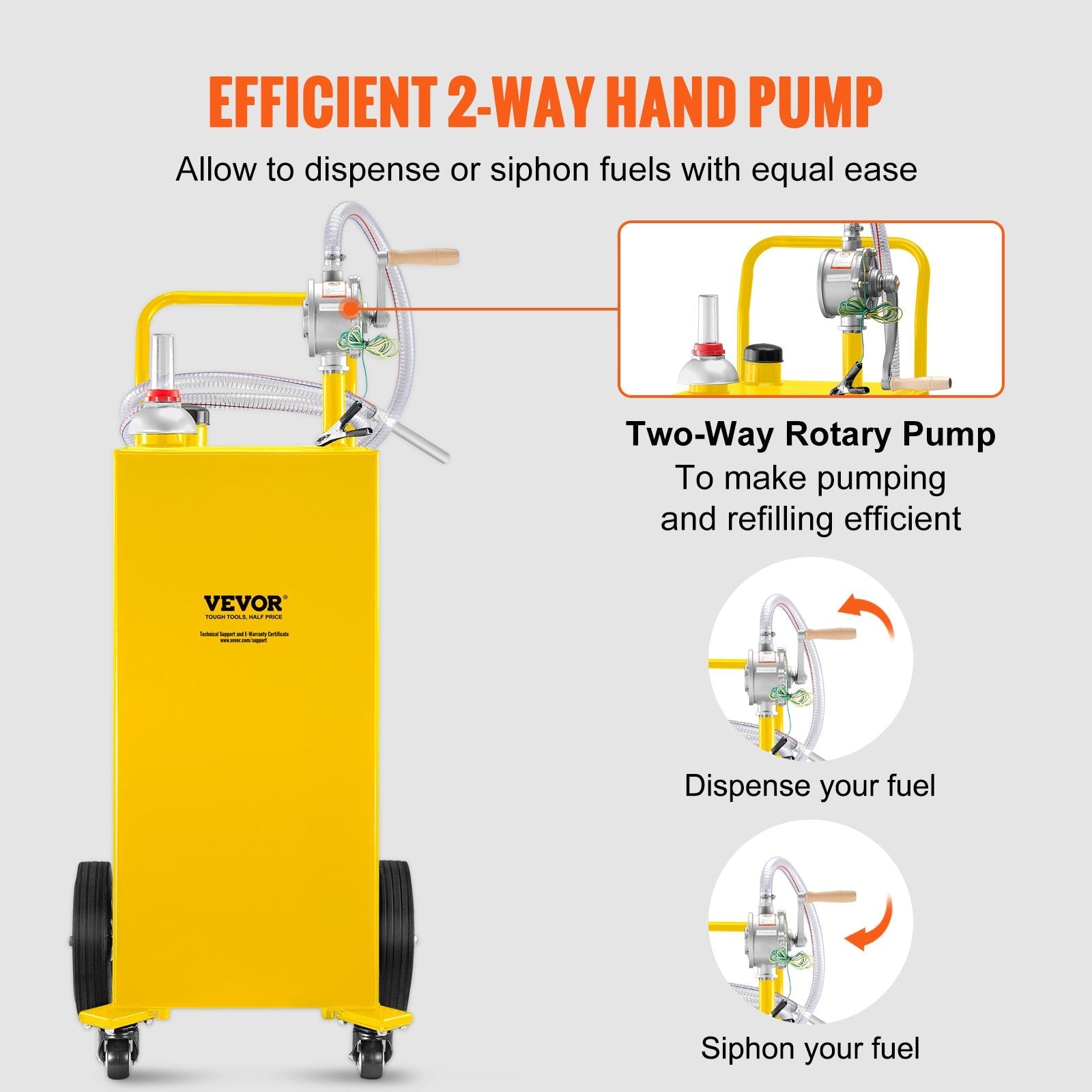 VEVOR 30 Gallon Fuel Caddy, Gas Storage Tank & 4 Wheels, with Manuel Transfer Pump, Gasoline Diesel Fuel Container for Cars, Lawn Mowers, ATVs, Boats, More, Yellow 