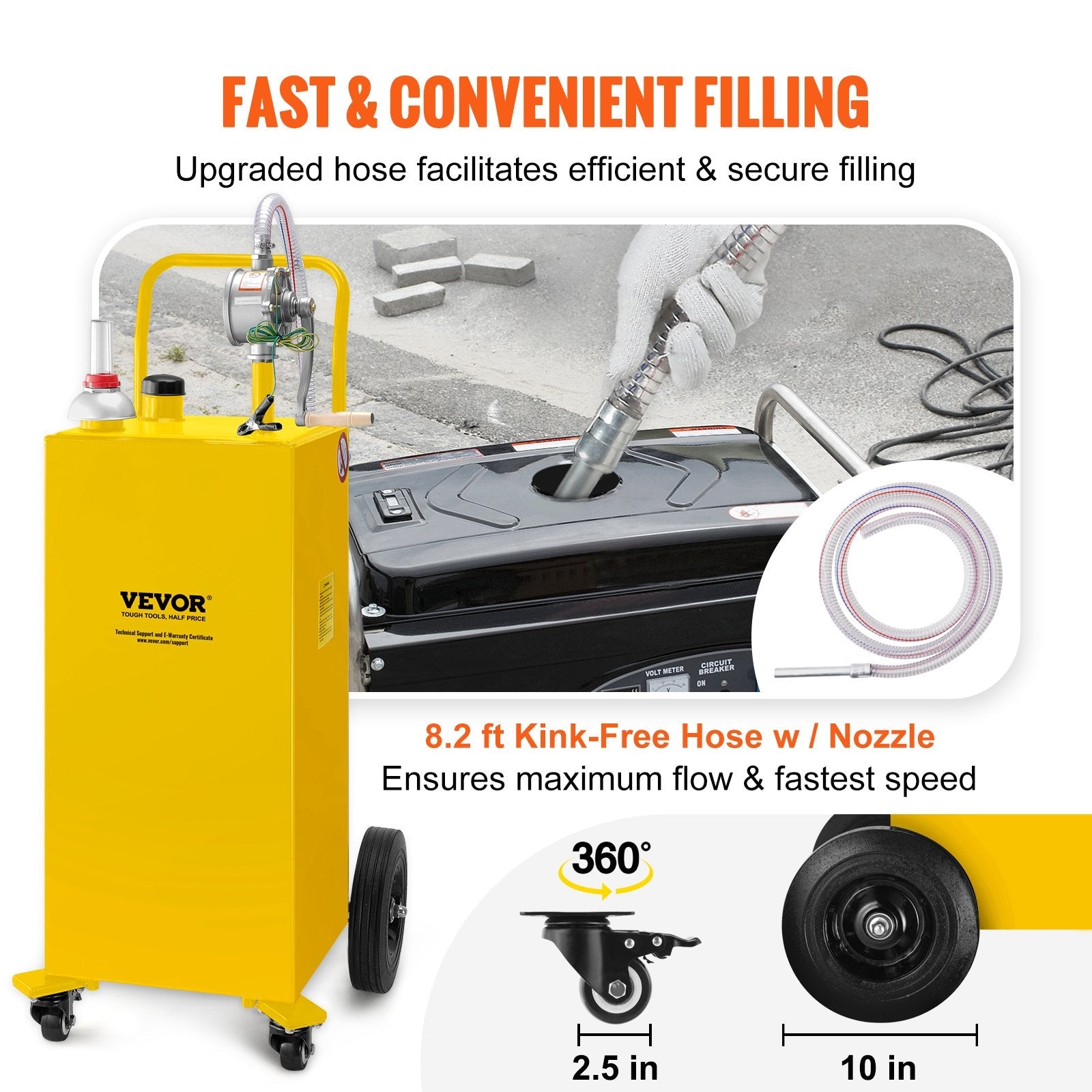 VEVOR 30 Gallon Fuel Caddy, Gas Storage Tank & 4 Wheels, with Manuel Transfer Pump, Gasoline Diesel Fuel Container for Cars, Lawn Mowers, ATVs, Boats, More, Yellow 