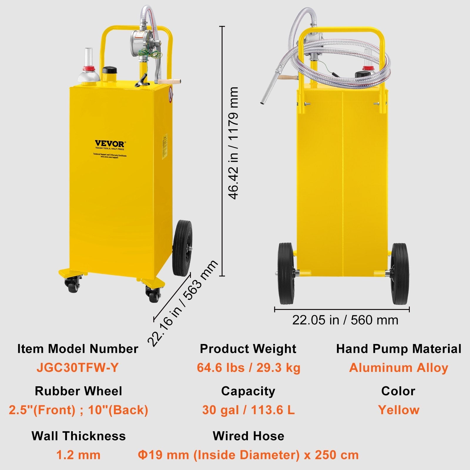 VEVOR 30 Gallon Fuel Caddy, Gas Storage Tank & 4 Wheels, with Manuel Transfer Pump, Gasoline Diesel Fuel Container for Cars, Lawn Mowers, ATVs, Boats, More, Yellow 
