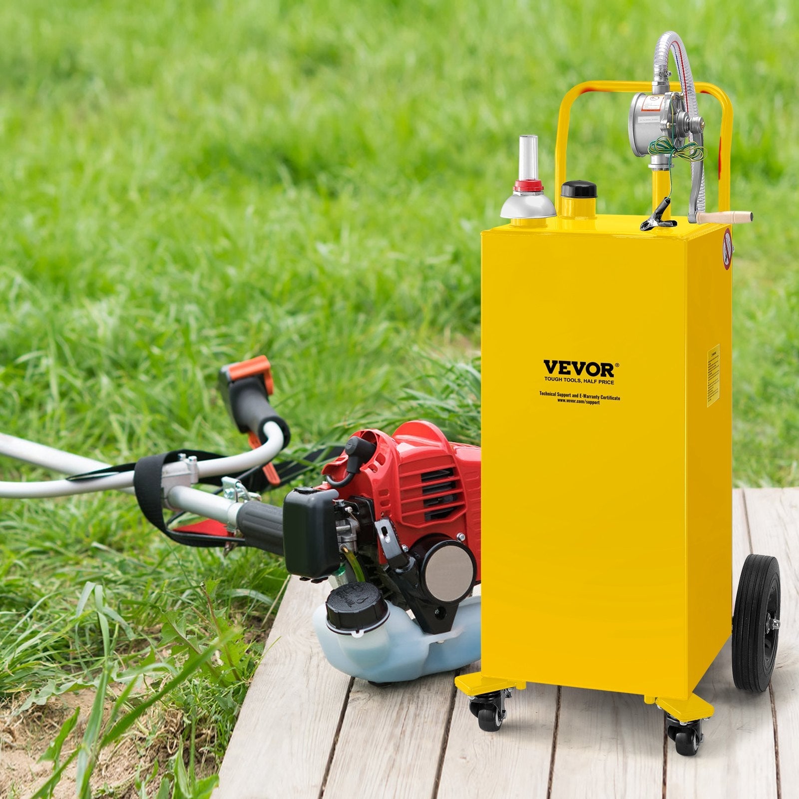VEVOR 30 Gallon Fuel Caddy, Gas Storage Tank & 4 Wheels, with Manuel Transfer Pump, Gasoline Diesel Fuel Container for Cars, Lawn Mowers, ATVs, Boats, More, Yellow 