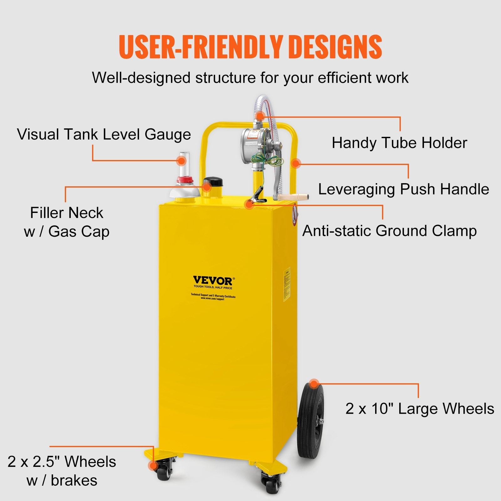 VEVOR Fuel Caddy, 35 Gallon, Gas Storage Tank on 4 Wheels, with Manuel Transfer Pump, Gasoline Diesel Fuel Container for Cars, Lawn Mowers, ATVs, Boats, More, Yellow 