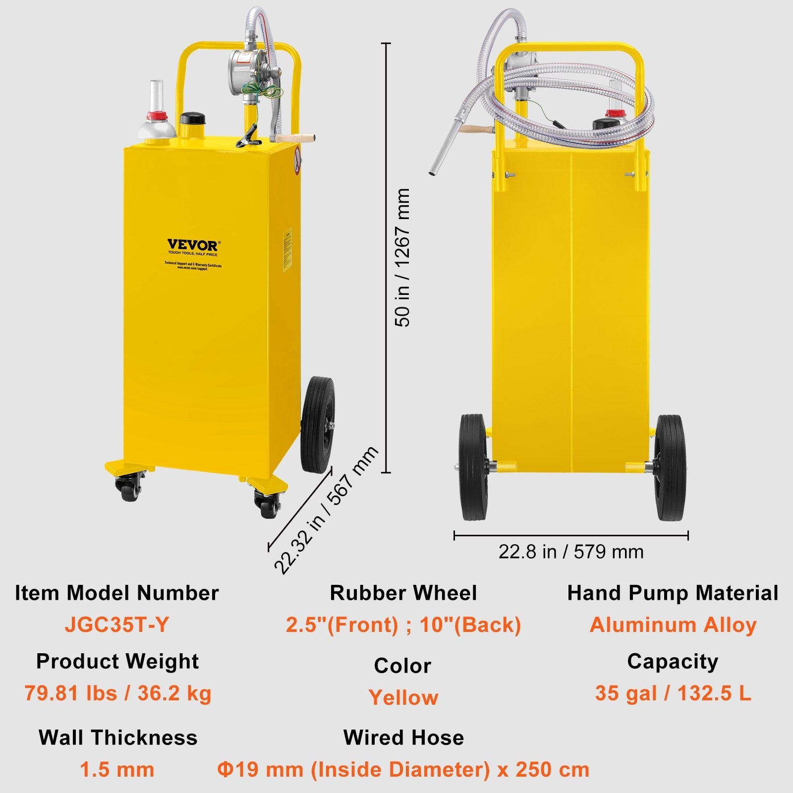VEVOR Fuel Caddy, 35 Gallon, Gas Storage Tank on 4 Wheels, with Manuel Transfer Pump, Gasoline Diesel Fuel Container for Cars, Lawn Mowers, ATVs, Boats, More, Yellow 