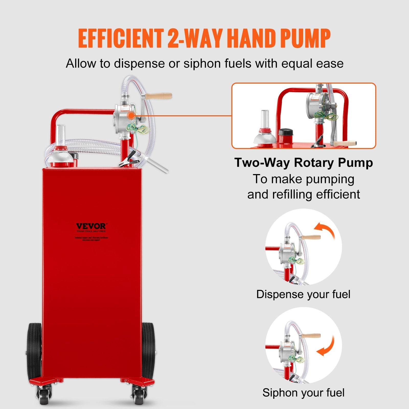 VEVOR Fuel Caddy, 35 Gallon, Gas Storage Tank on 4 Wheels, with Manuel Transfer Pump, Gasoline Diesel Fuel Container for Cars, Lawn Mowers, ATVs, Boats, More, Red 