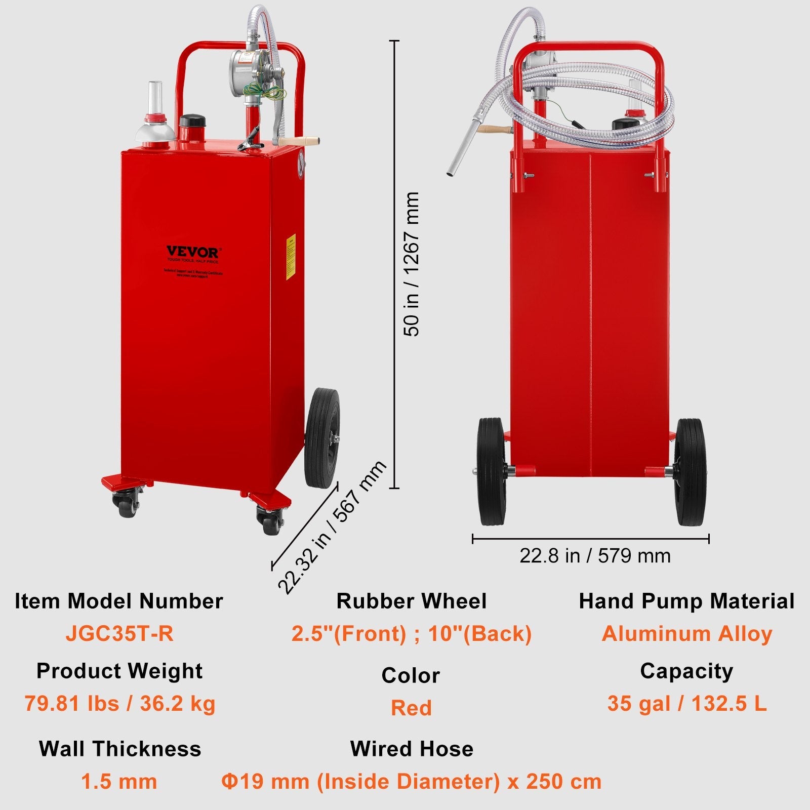 VEVOR Fuel Caddy, 35 Gallon, Gas Storage Tank on 4 Wheels, with Manuel Transfer Pump, Gasoline Diesel Fuel Container for Cars, Lawn Mowers, ATVs, Boats, More, Red 