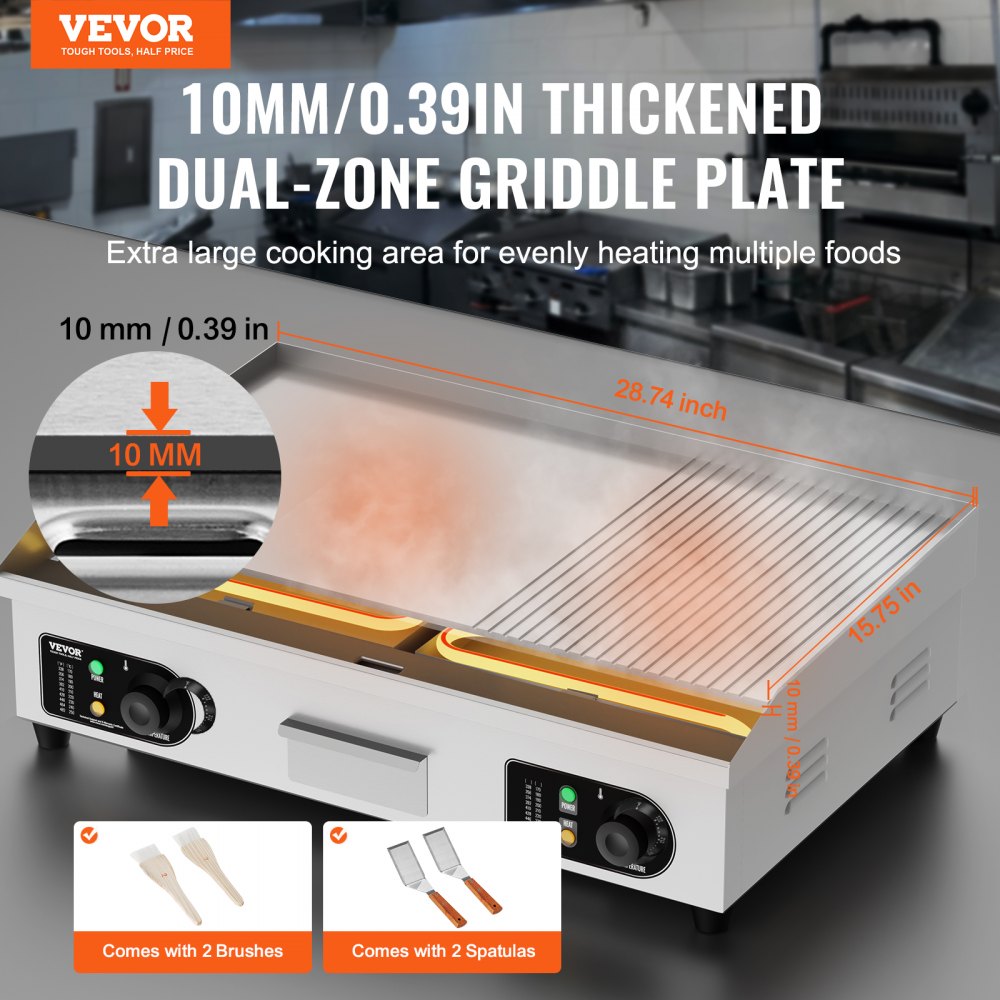 VEVOR Commercial Electric Griddle, 2800W Countertop Half-Flat Top Grill, 122?-572? Adjustable Temp, 28.74x15.75x0.39in Stainless Steel Griddle Grill with 2 Shovels and 2 Brushes for Home or Restaurant 