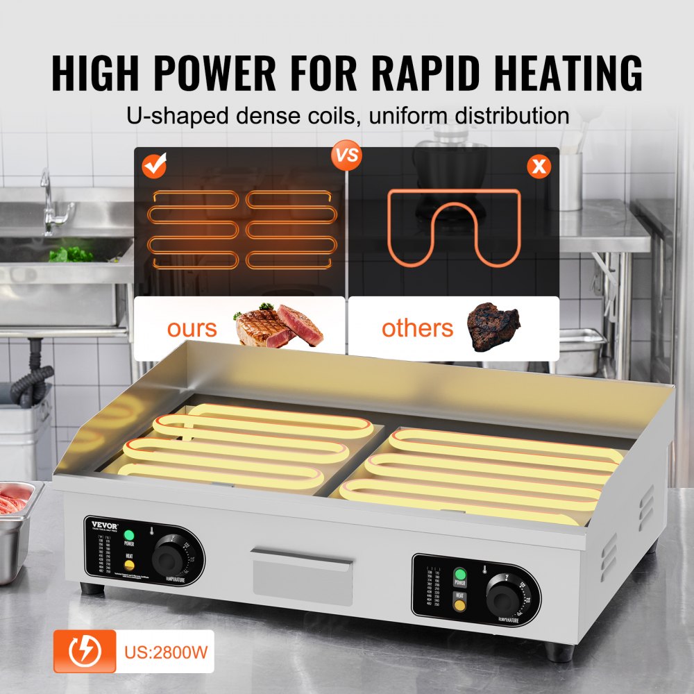 VEVOR Commercial Electric Griddle, 2800W Countertop Half-Flat Top Grill, 122?-572? Adjustable Temp, 28.74x15.75x0.39in Stainless Steel Griddle Grill with 2 Shovels and 2 Brushes for Home or Restaurant 