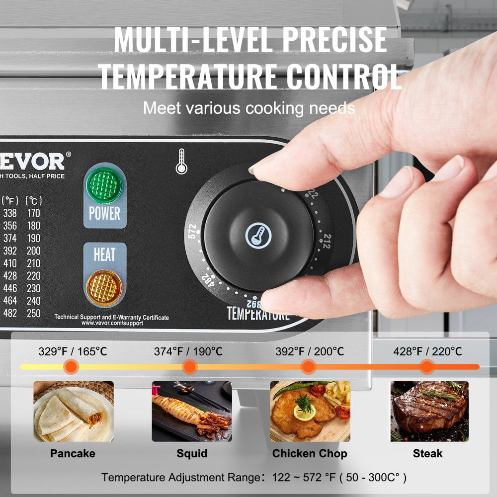 VEVOR Commercial Electric Griddle, 2800W Countertop Half-Flat Top Grill, 122?-572? Adjustable Temp, 28.74x15.75x0.39in Stainless Steel Griddle Grill with 2 Shovels and 2 Brushes for Home or Restaurant 