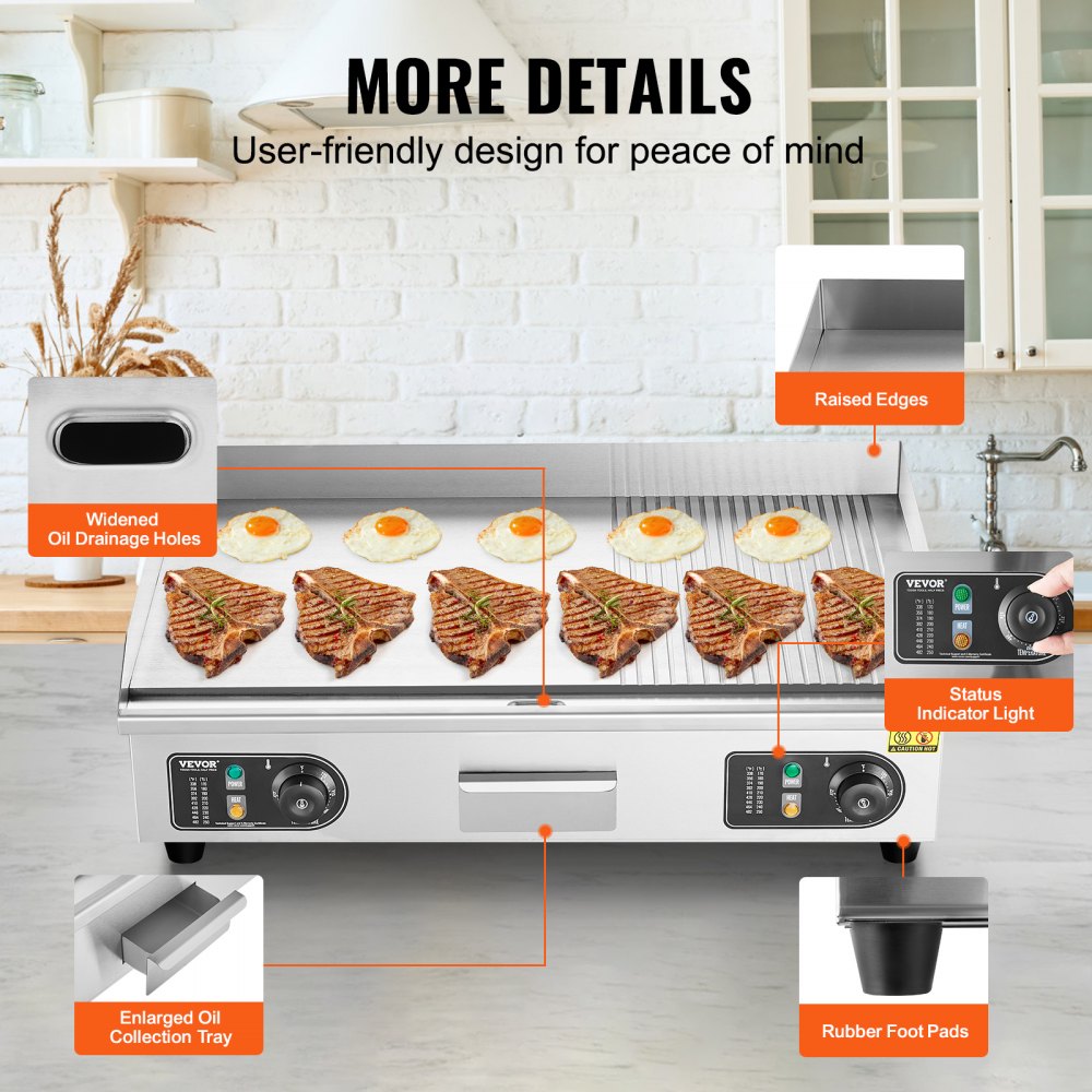 VEVOR Commercial Electric Griddle, 2800W Countertop Half-Flat Top Grill, 122?-572? Adjustable Temp, 28.74x15.75x0.39in Stainless Steel Griddle Grill with 2 Shovels and 2 Brushes for Home or Restaurant 