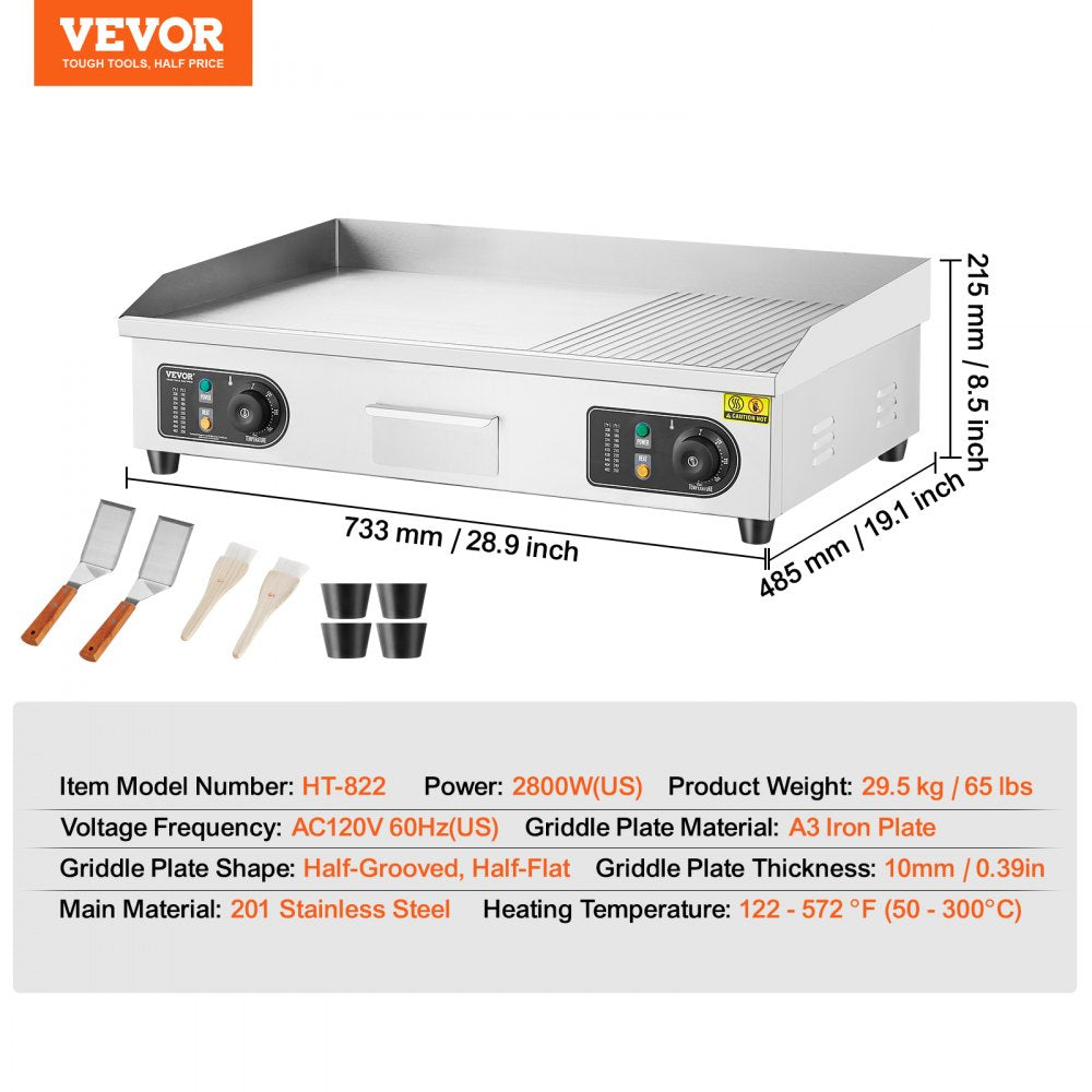 VEVOR Commercial Electric Griddle, 2800W Countertop Half-Flat Top Grill, 122?-572? Adjustable Temp, 28.74x15.75x0.39in Stainless Steel Griddle Grill with 2 Shovels and 2 Brushes for Home or Restaurant 