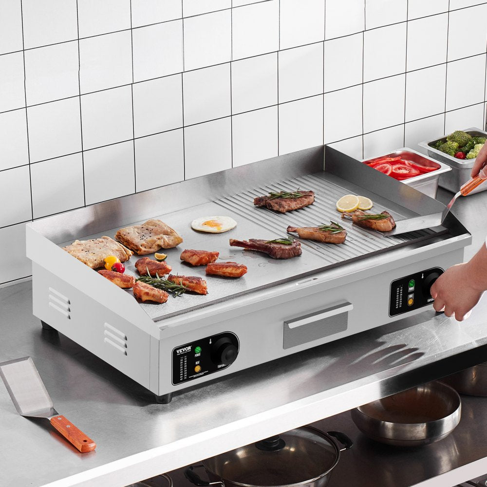 VEVOR Commercial Electric Griddle, 2800W Countertop Half-Flat Top Grill, 122?-572? Adjustable Temp, 28.74x15.75x0.39in Stainless Steel Griddle Grill with 2 Shovels and 2 Brushes for Home or Restaurant 